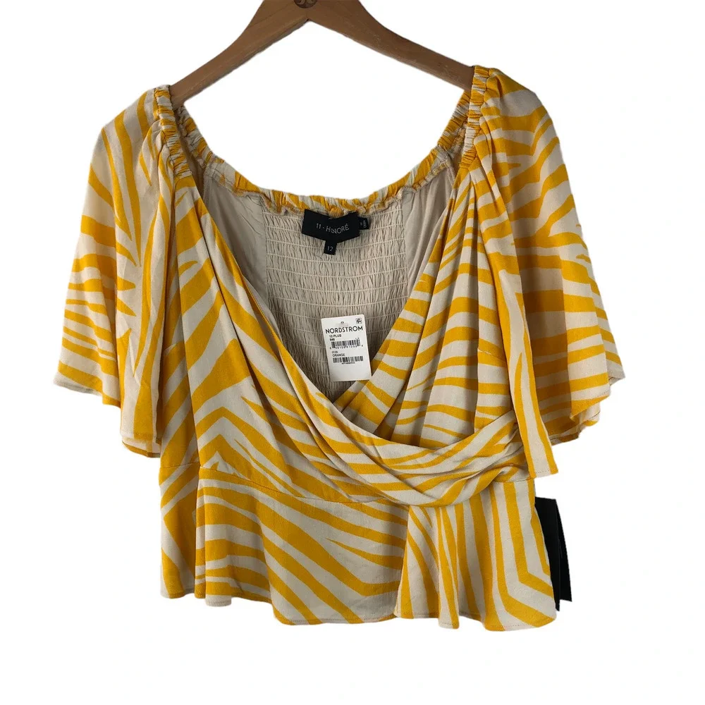 ✨2/$20 11 HONORÉ Fatima Zebra Stripe Cotton Peplum Top Yellow 11 HONORE 12W 12 - Picture 2 of 12